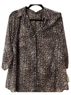 NWT Grunge Animal Print Gauzy Top Gold Button 3/4 Sleeve Plus Size 1X Leopard